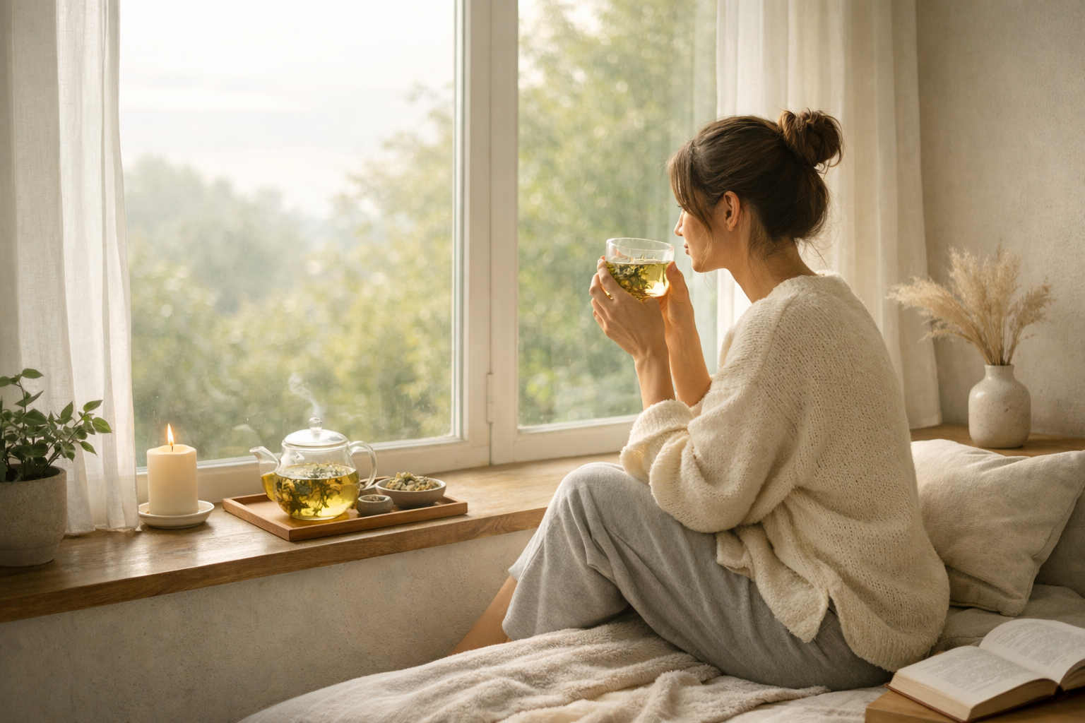 Peaceful morning scene with a person sitting by a window drinking herbal tea, soft natural light, cozy minimalist interior, calm wellness atmosphere