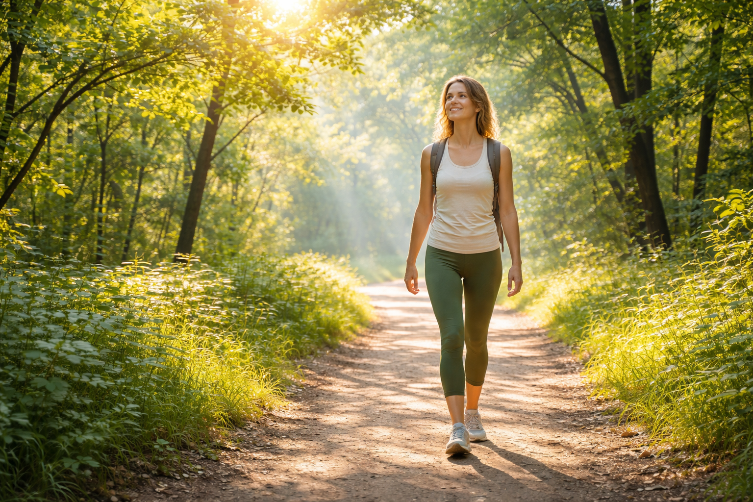 Person walking on a peaceful nature trail surrounded by green trees, morning light filtering through leaves, relaxed walking pose, wellness lifestyle